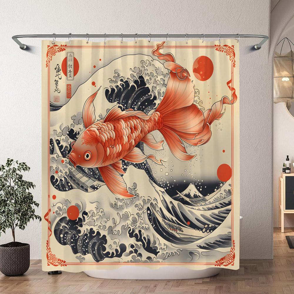 Japanese Sea Waves Red Koi Shower Curtain Ink Painting Printed Polyester Fabric Shower Curtain Bathroom Decoration with Hooks