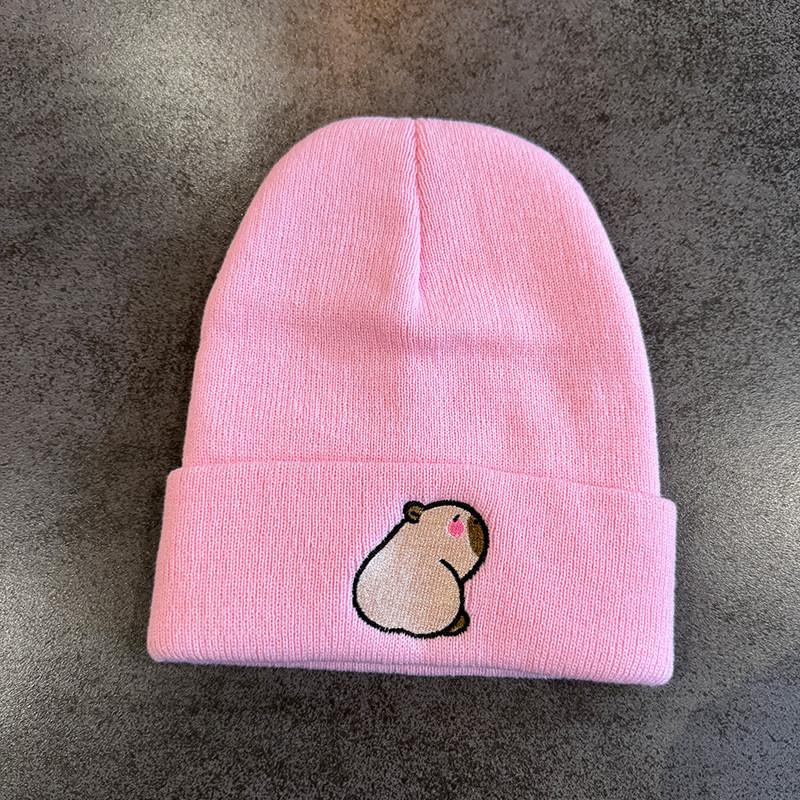 Fashion Knitted Hat With Capybara Embroidery Design Suitable For Daily Use