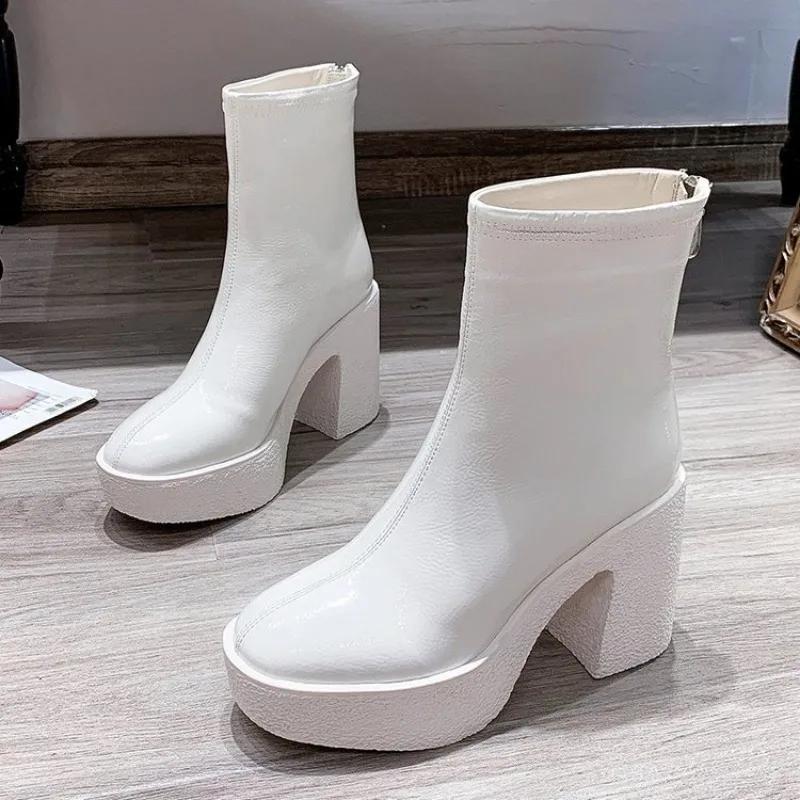 Platform Women Ankle Boots Leather Fashion High Heels Shoes  Trend Designer Classic Chunky New Pumps Goth Winter Botas Mujer