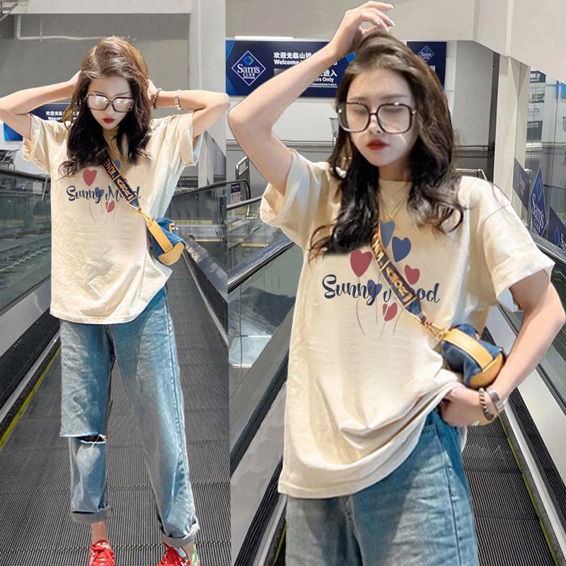 

Pure cotton apricot with love inside long-sleeved short-sleeved T-shirt for women s 2025 spring new European loose top bottoming shirt S