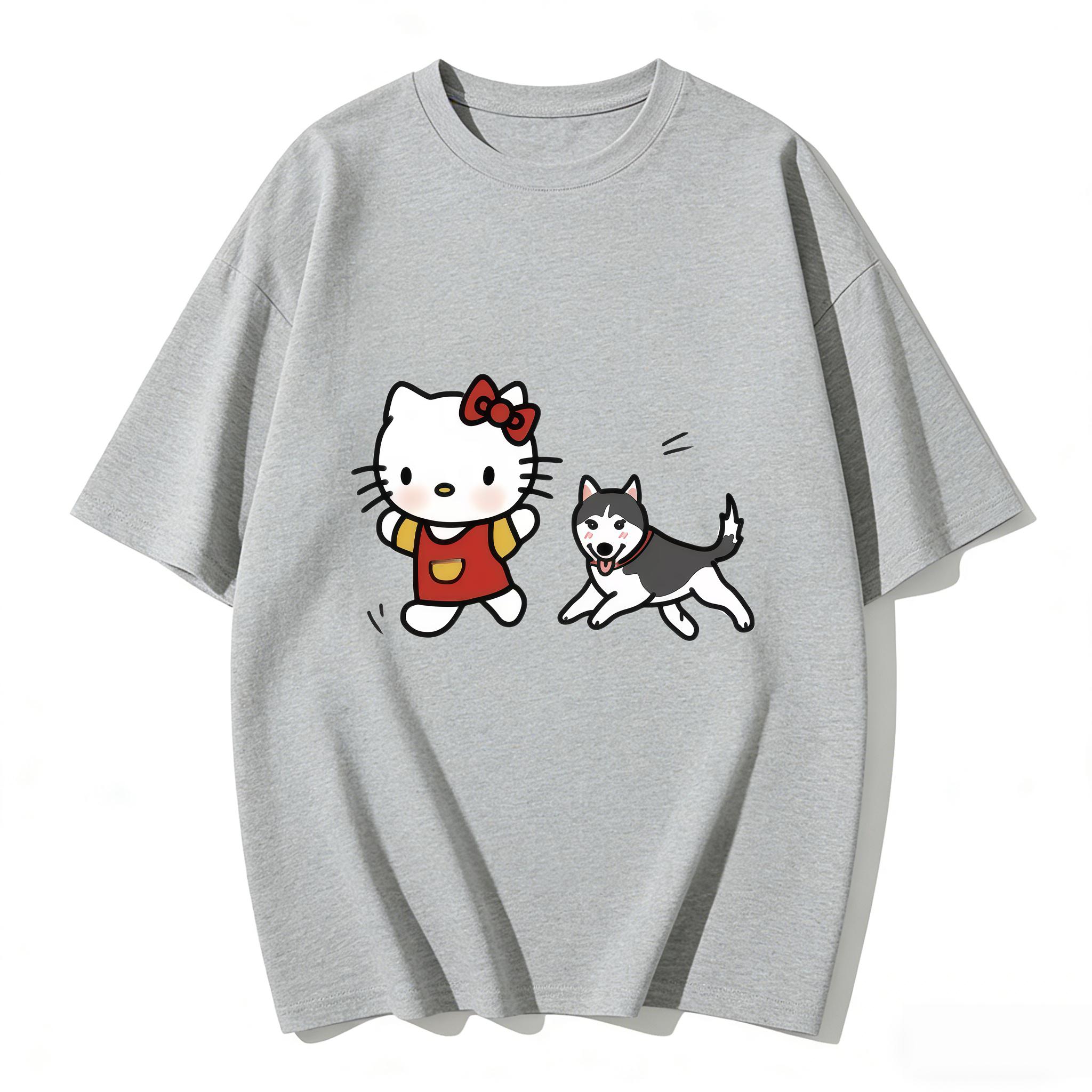 

2026 Hello Kitty Cartoon Printed Short Sleeve Summer Cotton Tshirts Womens Family Matching Outfits Tops Tee Trendy Y2k Tops S