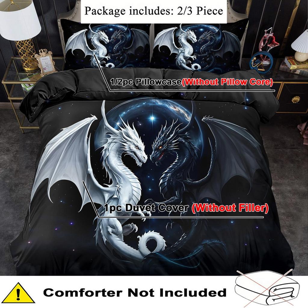 2/ 3 Stück Bettbezug-Set, Tier Schwarz-Weiß Drachen-Druck Bettbezug-Set, König Königin Stil Bettwäsche-Set Maschinenwaschbar