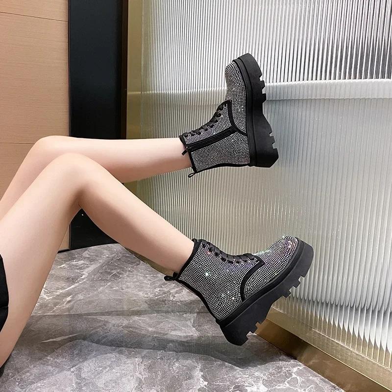 New Fashion Bling Crystal Chunky Ankle Boots for Women  Rhinestones Winter Shoes Woman Thick Bottom Platform Flat Boots