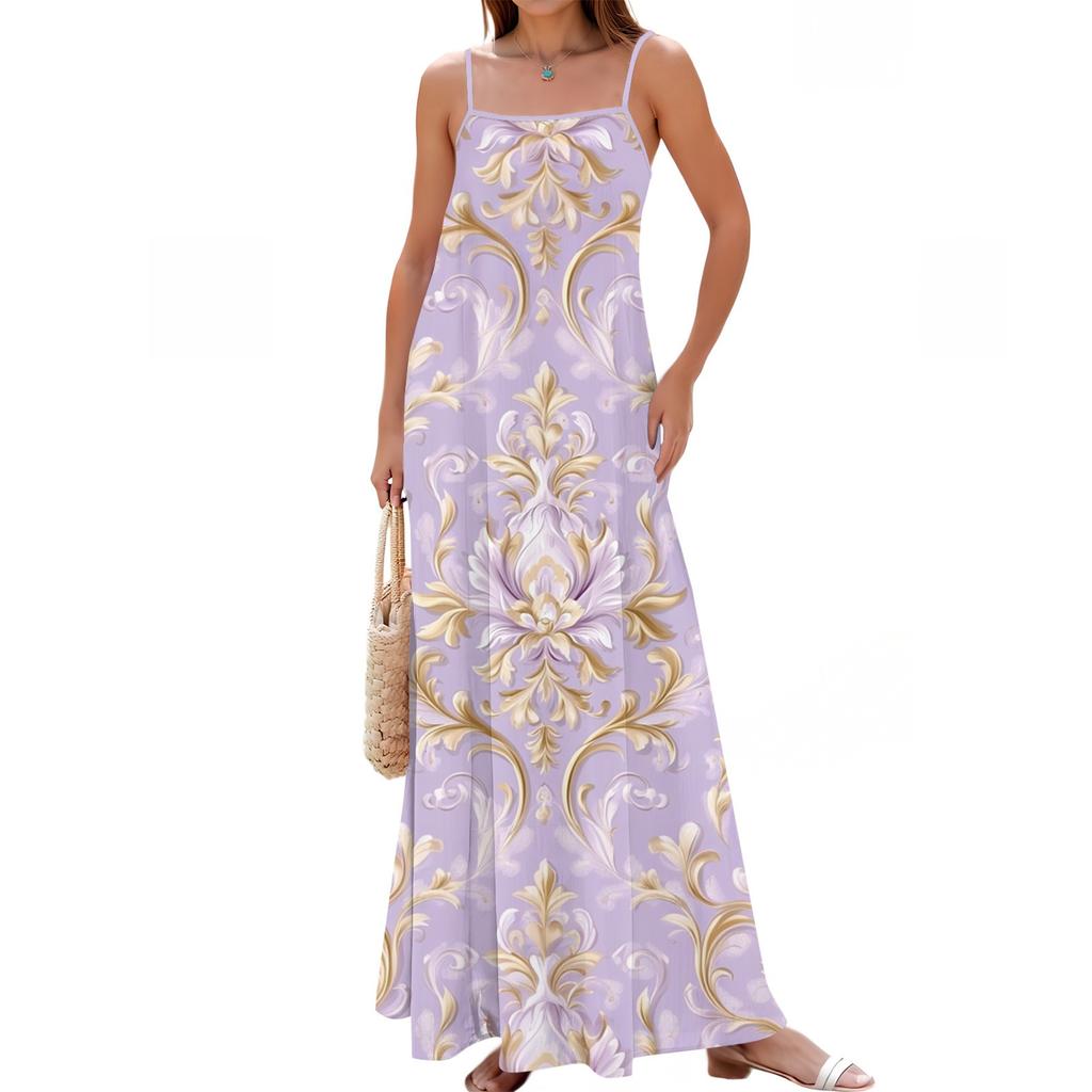 Damska wiosenno-letnia codzienna moda regulowane szelki nadruk długa sukienka