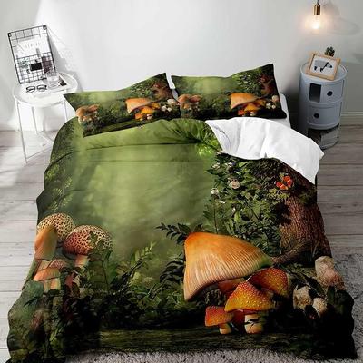 Olivgrün Queen King Size Bettbezug-Set Jungen Mädchen Kinder Bettwäsche Magischer Wald Wunderland Pflanzen Pilze Pilze 3-teiliges Set
