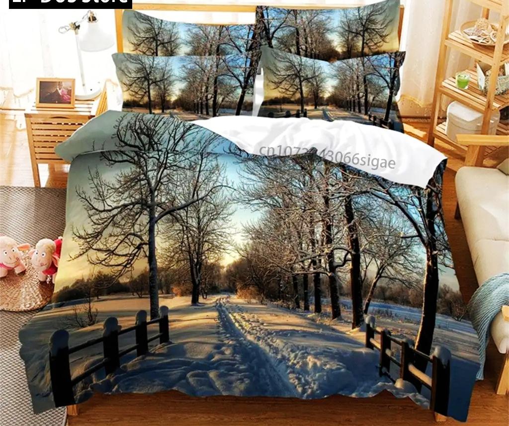Zestaw pościeli ze sceną zimową Zestaw poszewek na kołdrę Pościel Cyfrowy nadruk Poszewka na kołdrę Rozmiar King Queen Zestaw pościeli Modny design 3-częściowy