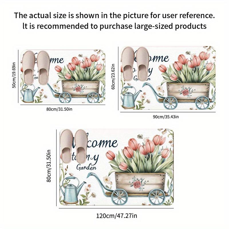 1pc Welcome to My Garden Non-Slip Door Mat - 0.47inch Thick Machine Washable Polyester Mat with Floral Tulip & Wooden Cart Desig