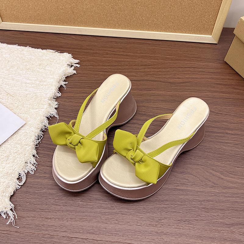 Bow Thick Bottom Heightening Slippers Female 2025 New Summer Wear Fashion Fairy Style Cool Slippers