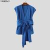 INCERUN Men Sleeveless Lapel Button Up Belt Ruffled Loose Casual Long Waistcoats