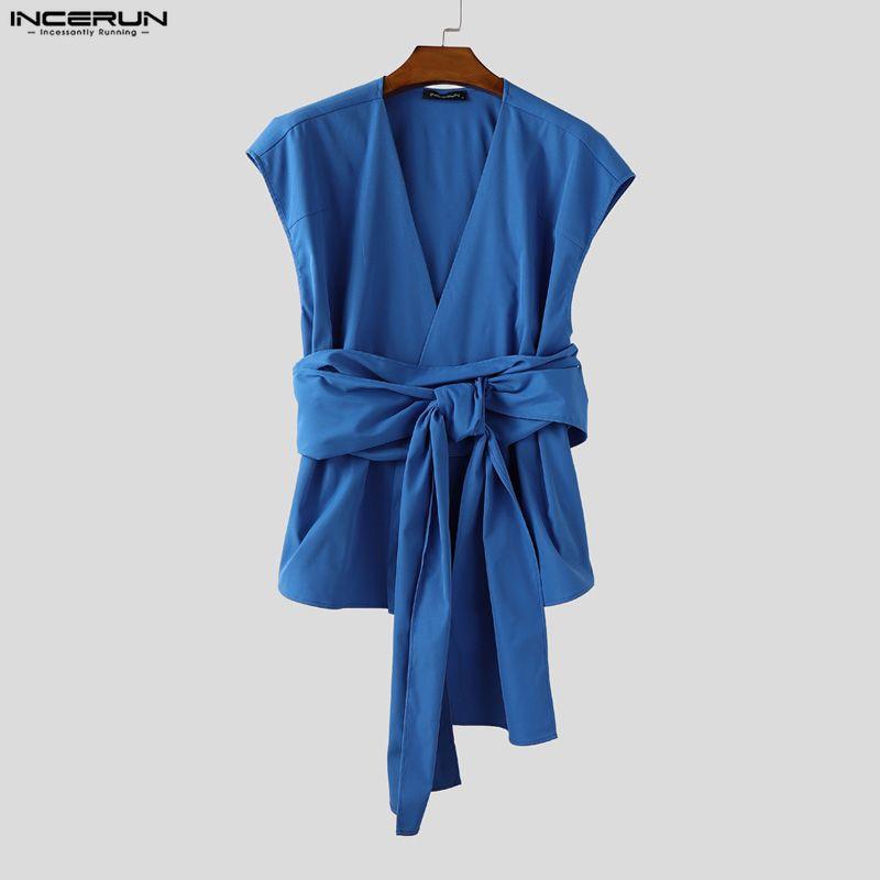 INCERUN Men Sleeveless Lapel Button Up Belt Ruffled Loose Casual Long Waistcoats