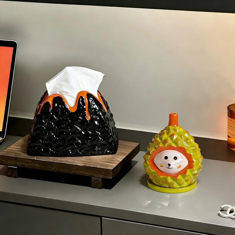 Ceramic Volcano Tissue Box with Durian Hedgehog Toothpick Holder
