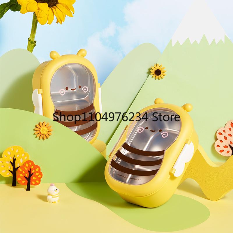 tainless Steel Lunch Box Cute Bee Shape Bento Box Leak-Proof Double Compartment Outdoor Camping Picnic Food Container
