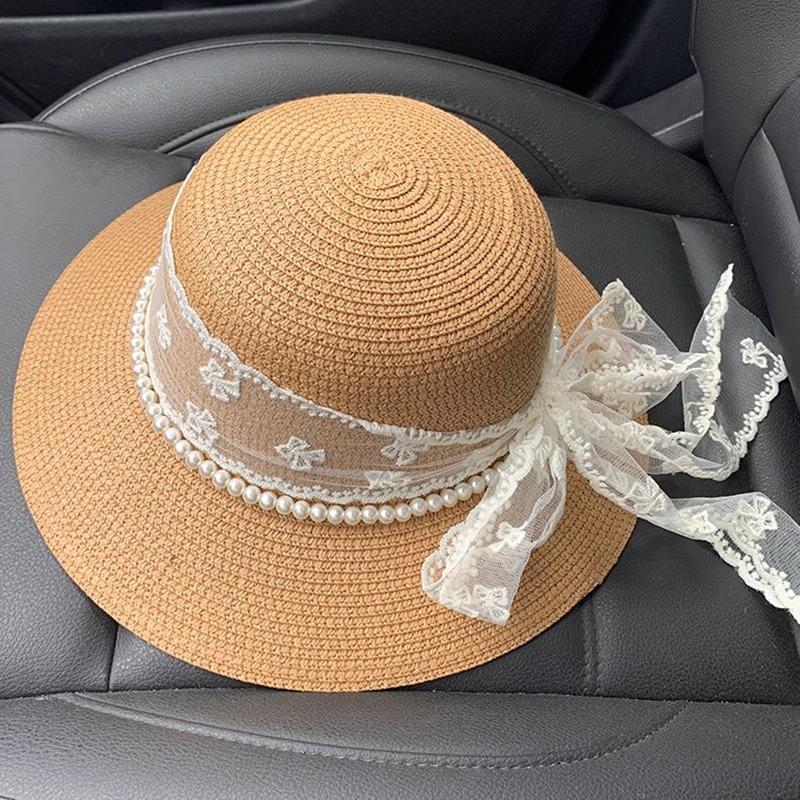 

Summer lace bow streamer straw hat women s vacation seaside beach hat flat top straw top hat sunscreen sunshade grass хакі