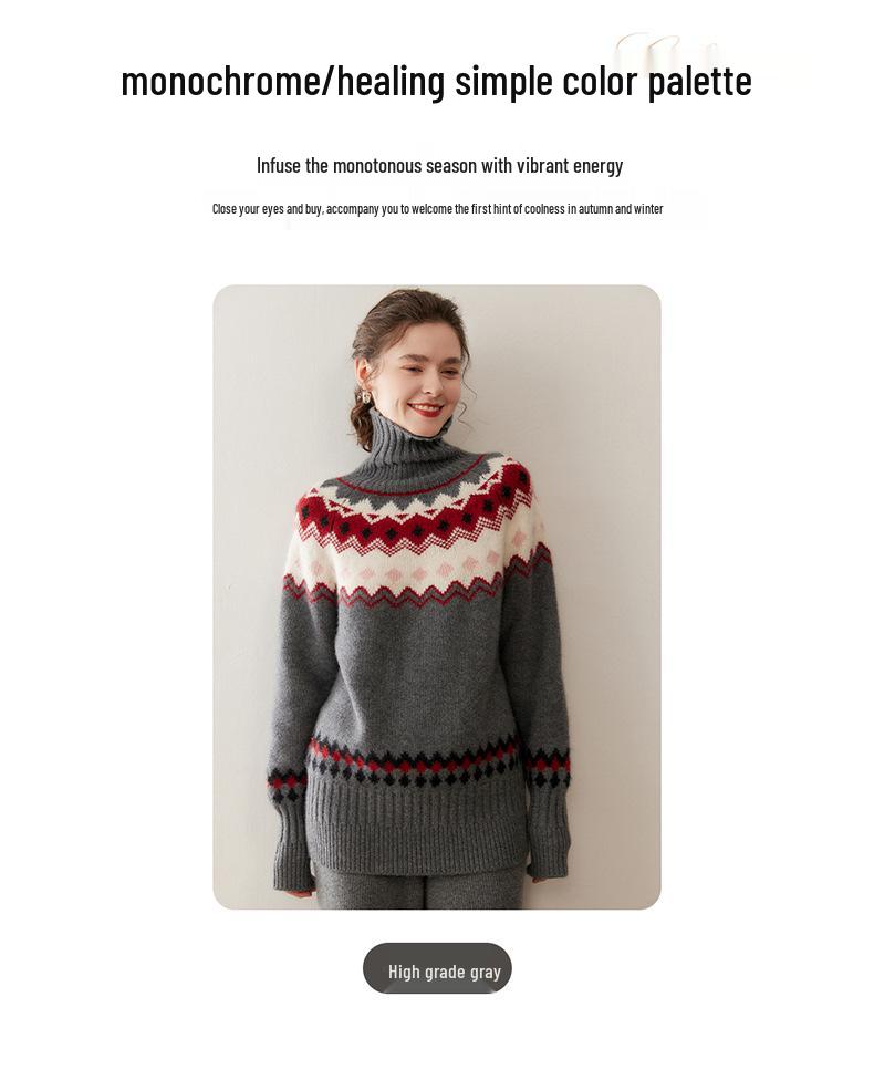Women's High Neck Fair Isle Cashmere Sweater - Color Block Loose Knitwear for Autumn/Winter