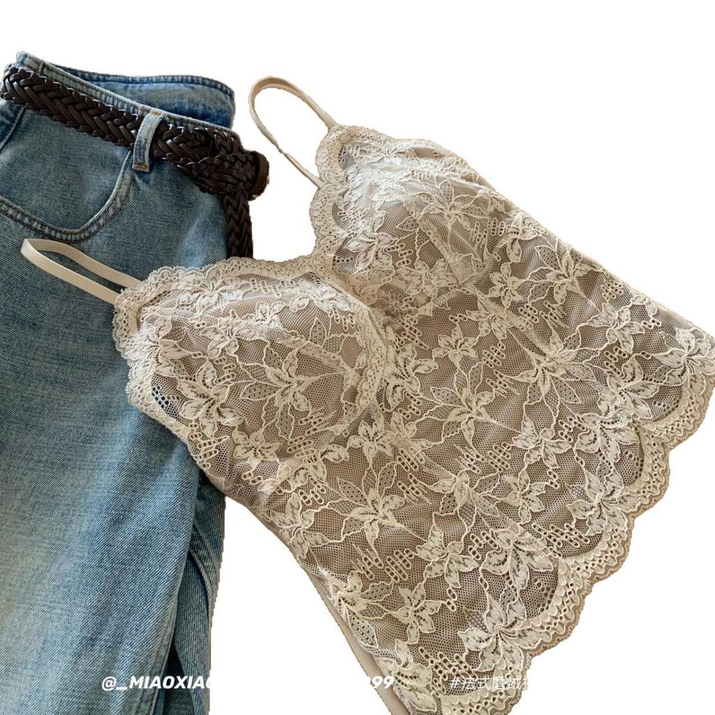 6099 French Style Lace Camisole with Fixed Cup for Women - Reduces Side Breast Bulge