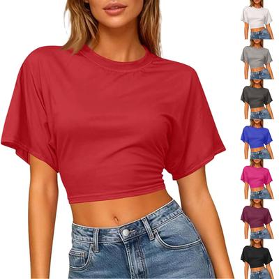 Damen Trainings-Crop-Tops mit kurzen Ärmeln Sexy rückenfreie Hemden