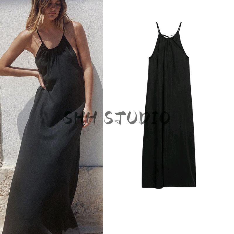 Summer New Product Women's Clothes Seaside Vacation Style Ruched Decoration Hanging Collar Midi Skirt Long Dress 6929187
