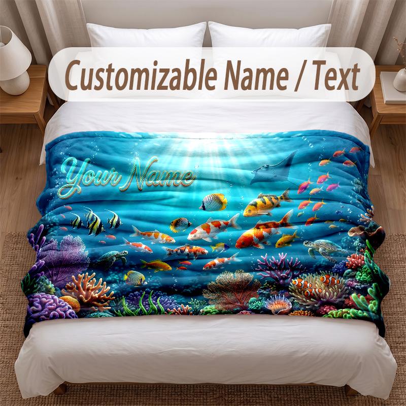 Fish Ocean Theme Soft Blanket Personalized Custom Name Text Print Warm Blanket Home Sofa Bedroom Decor