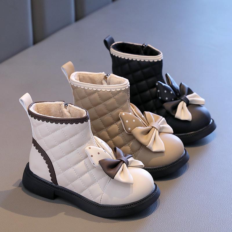 2023 Korejské jaro a podzim nové roztomilé dívčí krátké kozačky Dětský potisk puntíků Boots s mašlí Dětská móda