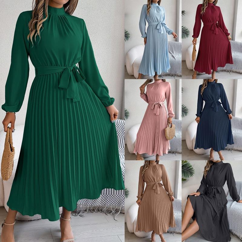 Autumn and winter elegant stand-up collar long-sleeved waist pleated long skirt, fashionable temperament small dress ladies dress