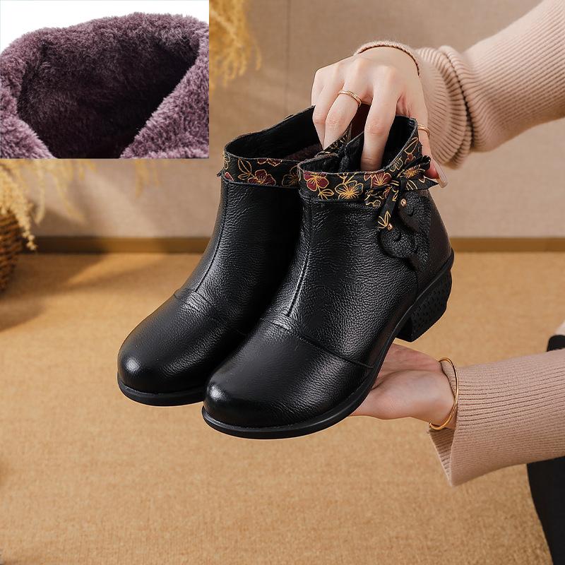 

Johnature Туфли из натуральной кожи в ретро этническом стиле на толстом каблуке, универсальные женские полусапожки 41-Plush чёрный