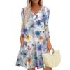 Women's Fashionable V-Neck Button Seven Part Cuff Pocket Floral Dress