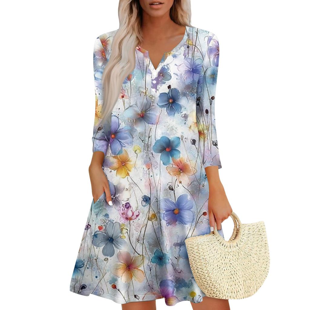 Women's Fashionable V-Neck Button Seven Part Cuff Pocket Floral Dress