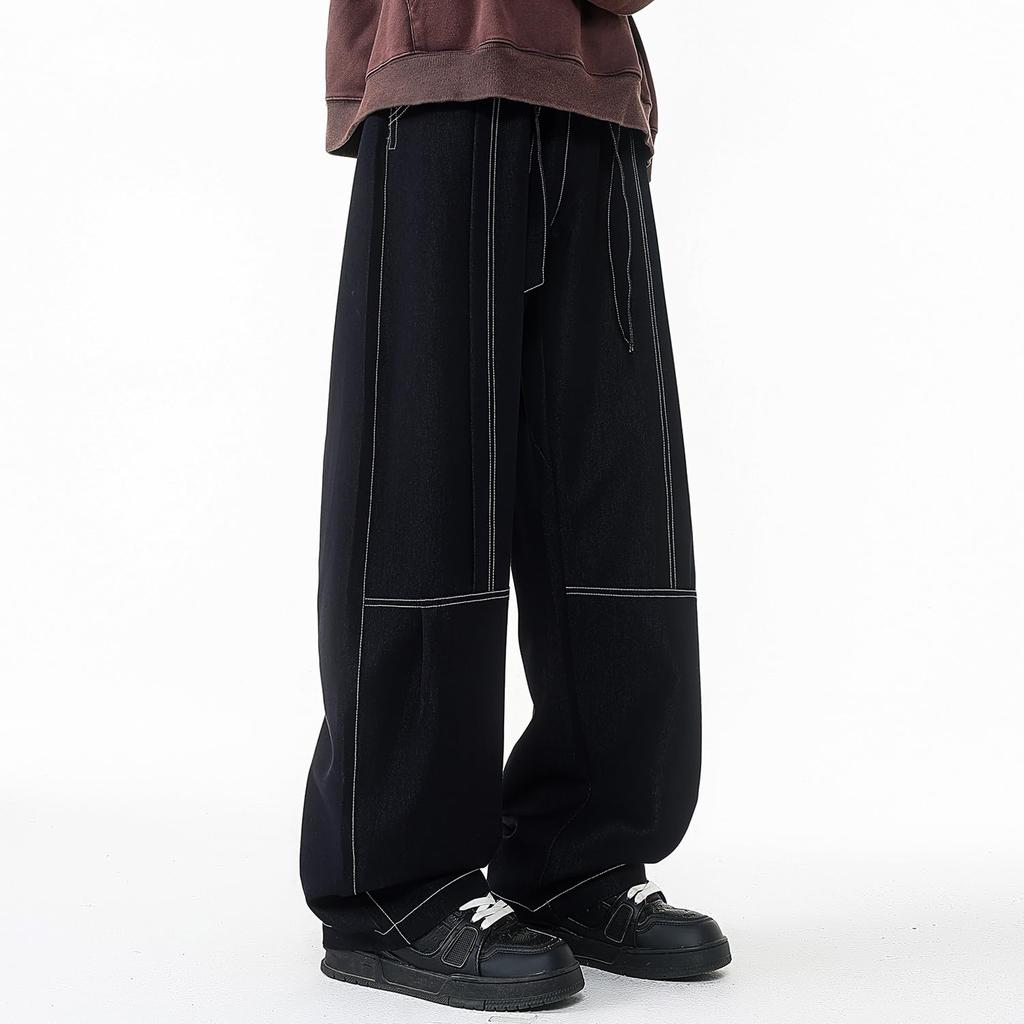 FJSSLHXK Men's Wide Denim Jeans, Oversized Jeans, Gaucho Pants with Adjustable Drawstring, Unisex, Fall, Winter, Spring, Black, FJJYFM8003-BLACK-5XL