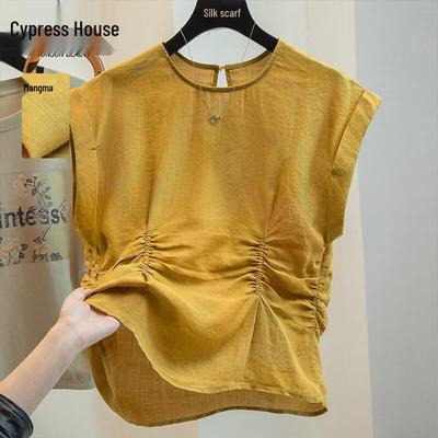 SIBASHE Damen Rundhals Ramie Plissee Pullover Top