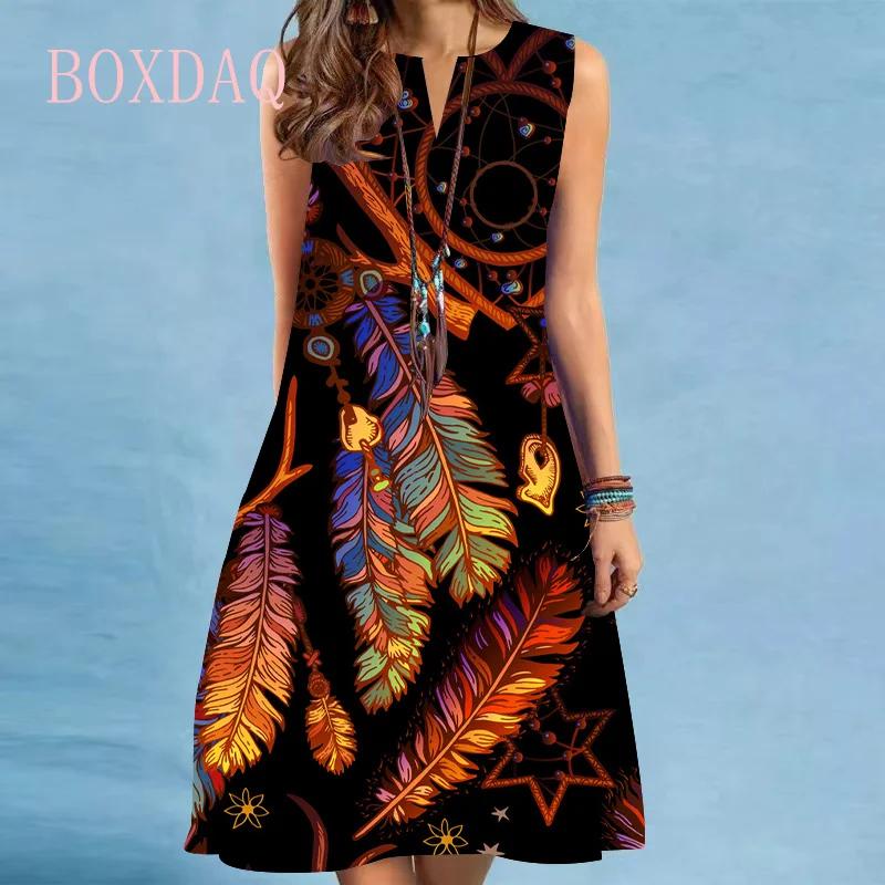 Sweet Peacock Feather Pattern Print Tank Dress Women Summer Dress Beach Casual Sexy Sleeveless V-neck Loose Mini Dress 5XL