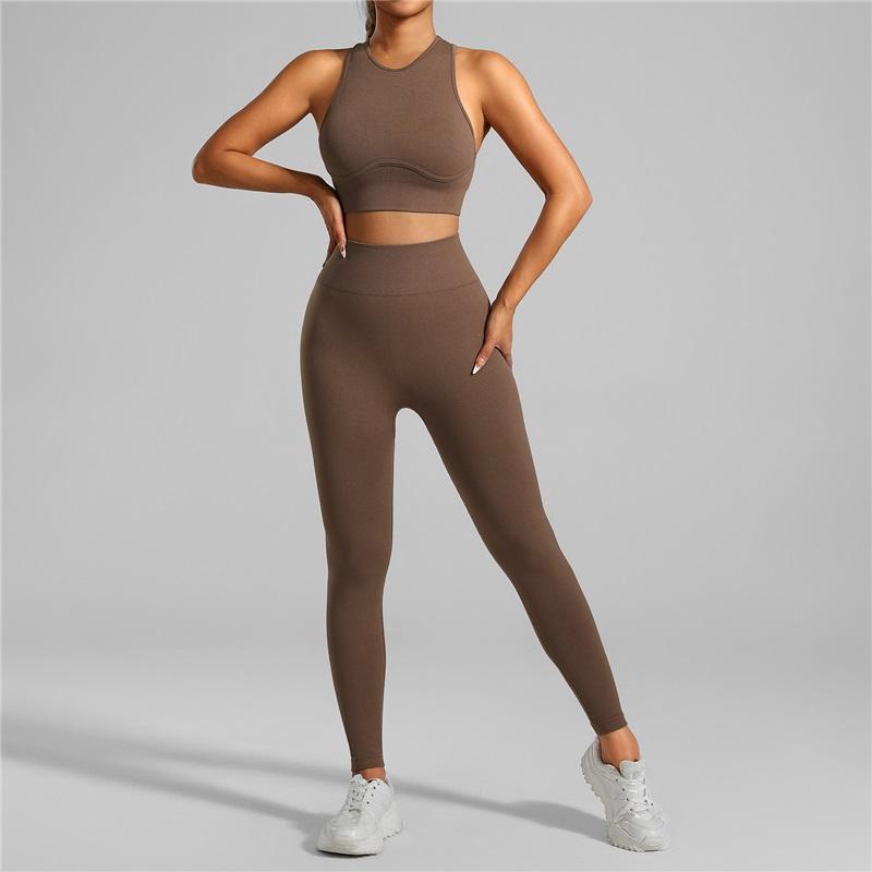 European And American Style Women's Tight-fitting Seamless Yoga Clothes 2 Piece High-intensity Running Fitness Sports Threaded Vest Trousers Suit