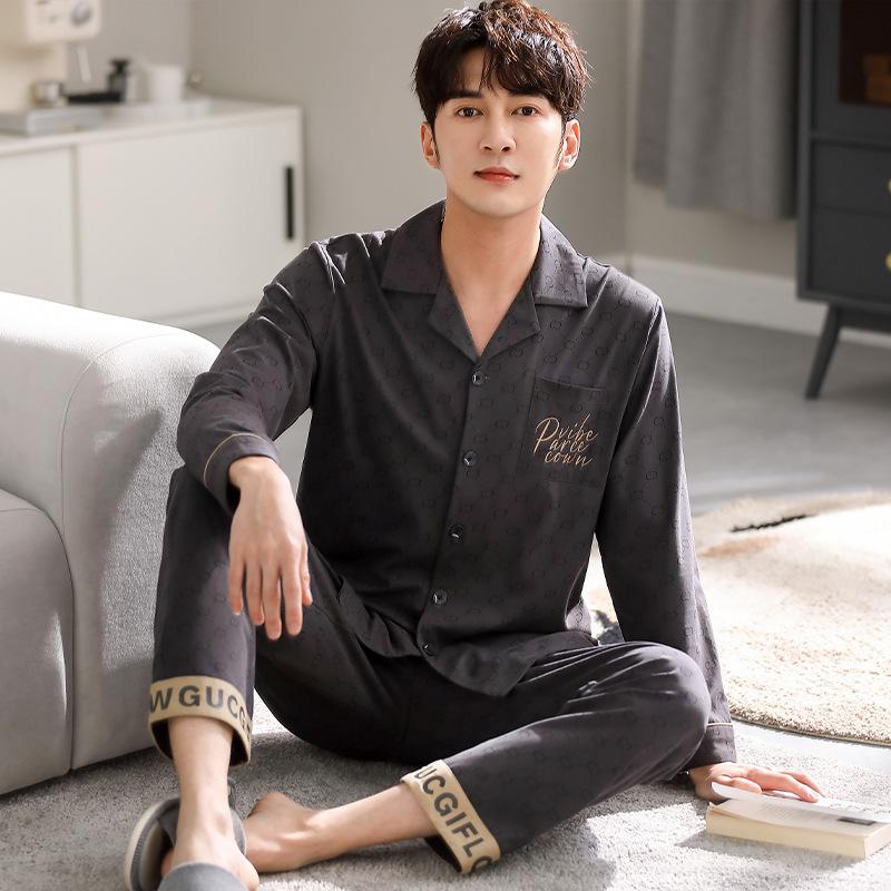Pajamas Men'S Spring And Autumn Pure Cotton Long-Sleeved Thin Four-Season Cool Cotton Spring And Summer Can Wear Large-Size Loungewear Suit