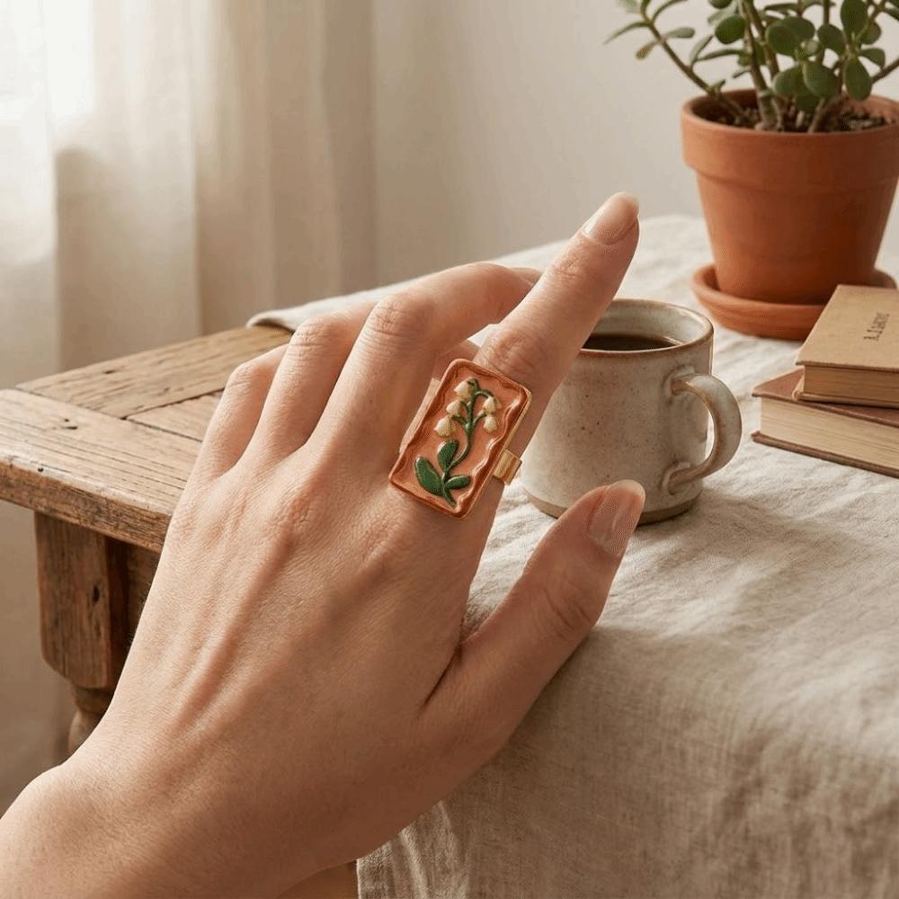 Pomegranate Printing Ethnic Style Ring Photo Frame Vintage Zinc Zinc Alloy Geometric Ring Gift