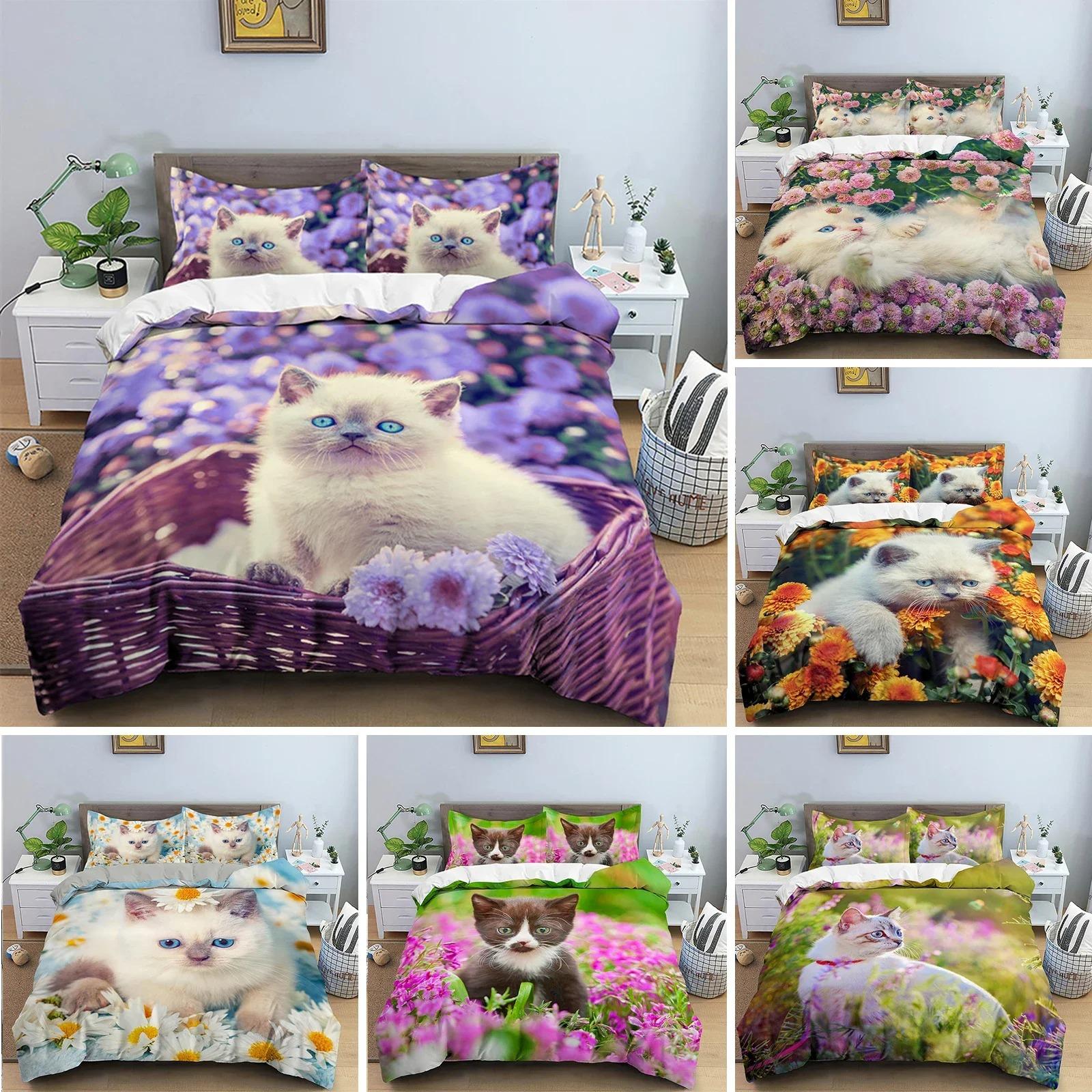 

3D Cat Print Duvet Cover Floral Bedding Set Twin Full For Kids Girls Boys Room Decor Luxury Microfiber Funny Animal Quilt Cover 70x133cm 2pcs