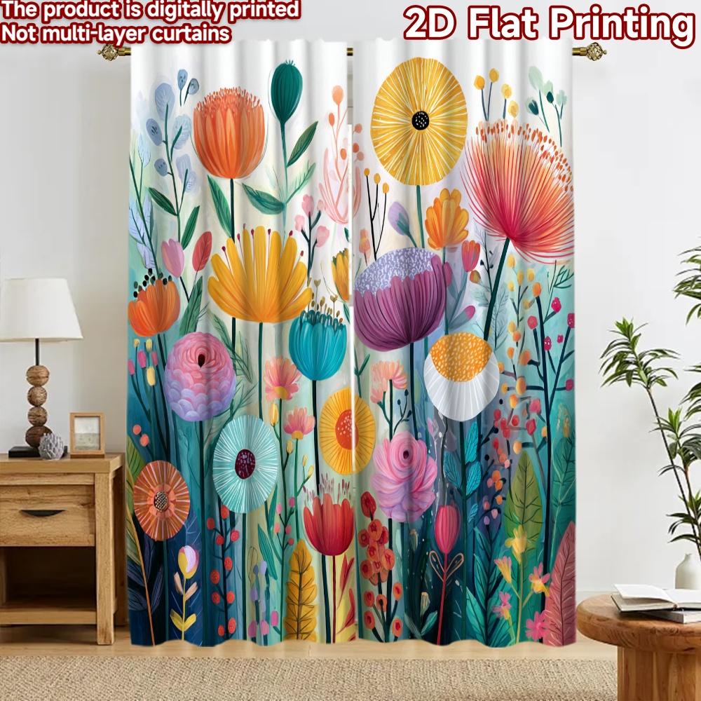 2D flat printing 2pcs Curtain Curtains Colorful Spring Flowers Digital Printed Polyester Drapes Festive Holiday for Photo Booths
