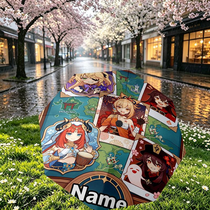 Custom Name Personalized Genshin Impact Print Umbrella, Auto Open Close, 8‑Rib Sturdy Frame, Commute Camping Hiking Use, Birthday Gift