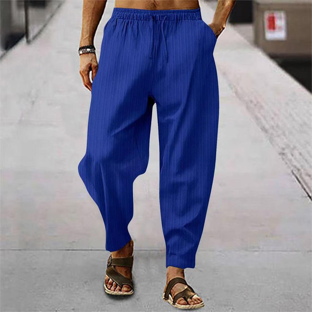 Men's Casual Loose Fit Sport Pants Hip Hop Cotton Linen Stripe Breathable Loose Comfortable Men's Long Trousers
