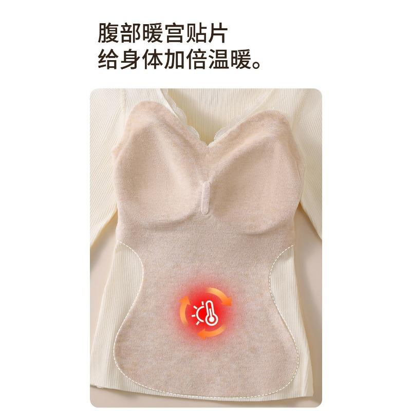 Women Thickened Fleece Thermal Underwear Set With Built In Chest Pad Slim Long Sleeve Top And Long Pants