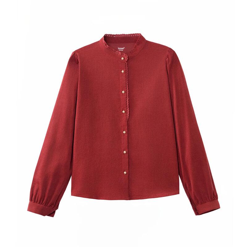 

INMAN Women s Festive Red French Lace Stand-Collar Cotton Shirt S
