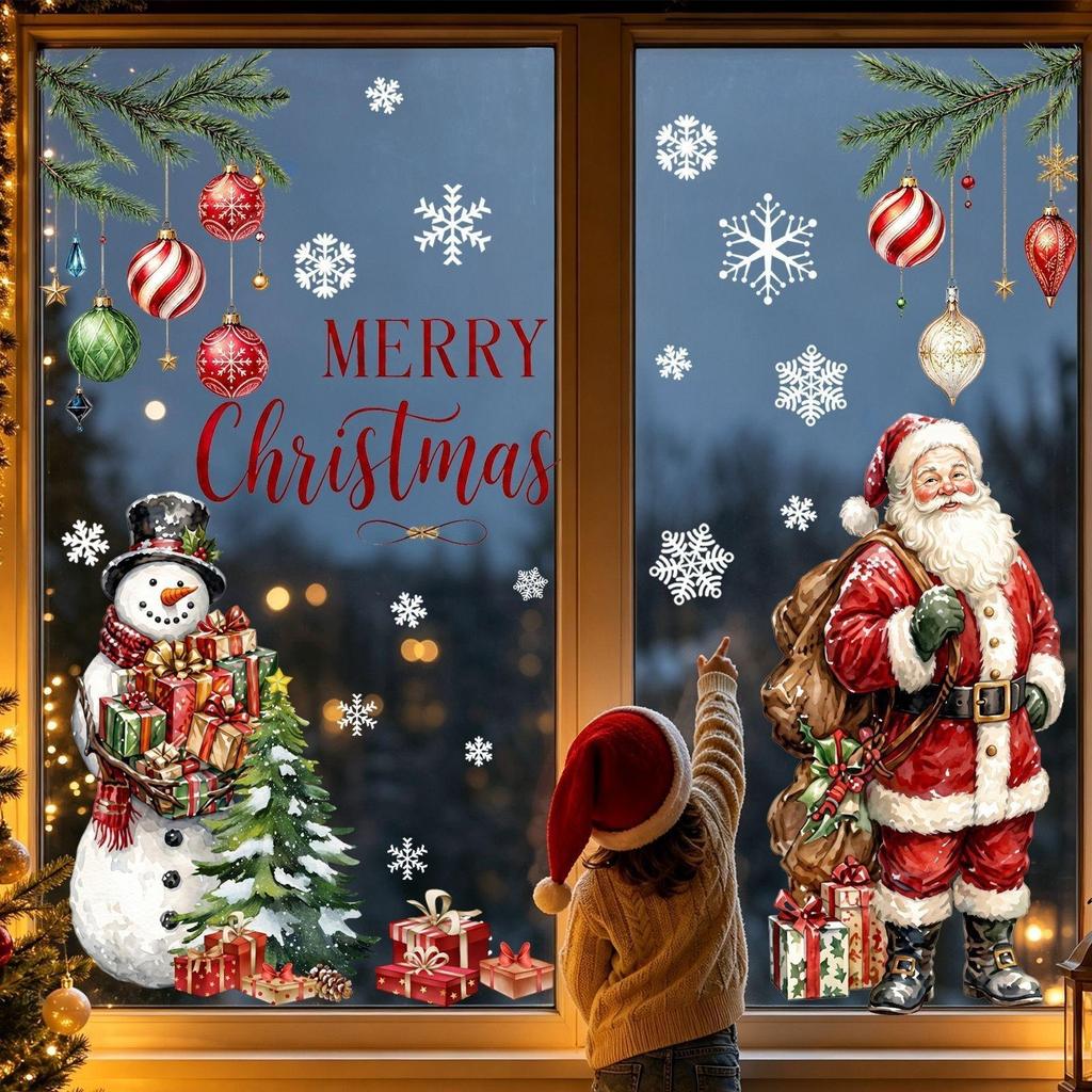2 Pieces Glass Door Decals Festive Holiday Window Decoration with Santa and Snowman LowProfile