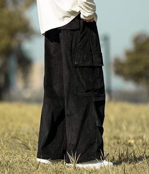 Übergroße Cord-Fracht-Hose mit weitem Bein, entspannt, Gaucho, verstellbarer Gummizug, einfarbig [foveitaa] Herrenhose, Hose, Hose, Stil, Jogginghose, Sport,