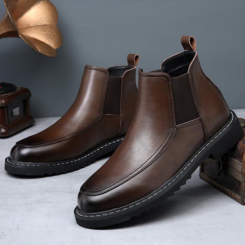 2024 Winter Shoes Men Chelsea Boots Genuine Leather Fashion Brand Mens Ankle Boots Warm Plush Flat Non-slip Black D229