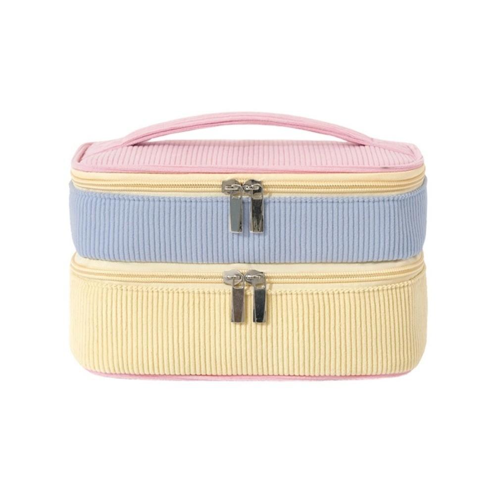 

Zipper Closure Double-layer Storage Bag Soft Material Portable Makeup Bag Large Capacity Handheld Toilet Bag рожевий