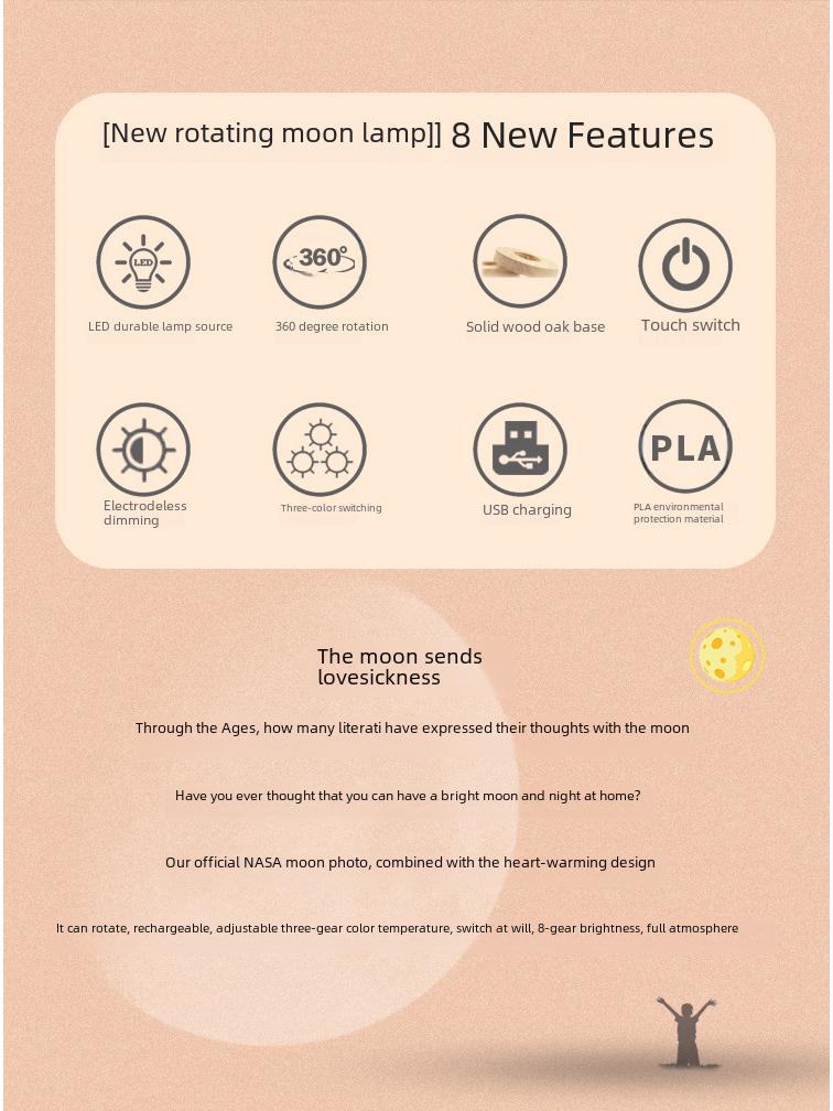 Rotating Moon Lamp Night Light—Creative Bedside Atmosphere Lamp for Bedroom or Desk