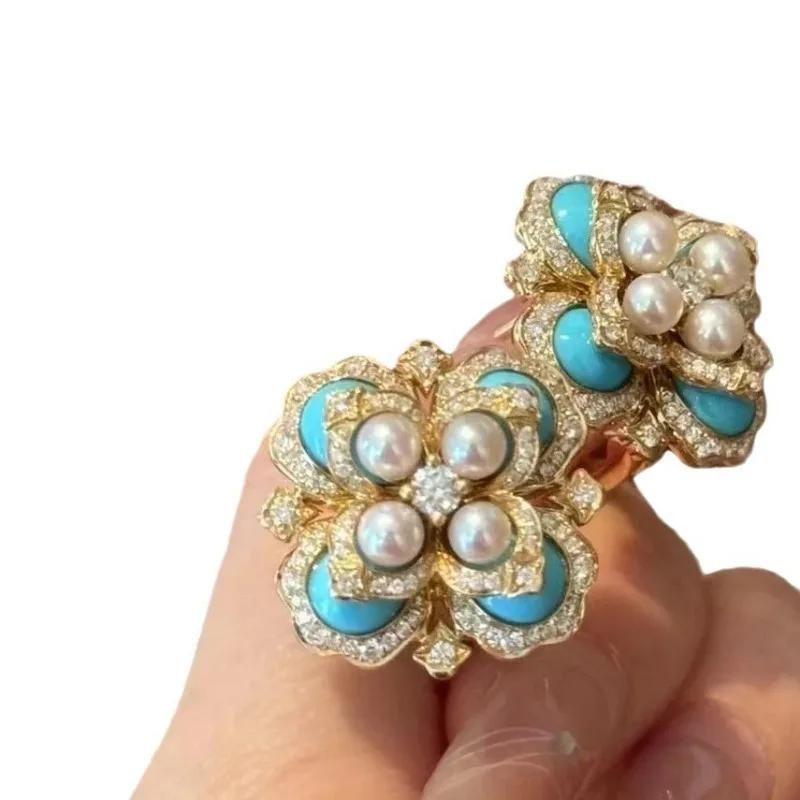 Exquisite Blue Pearl Flower Earings Stud Fine Palace Style High Grade Retro Turquoise Earrings for Women Zircon