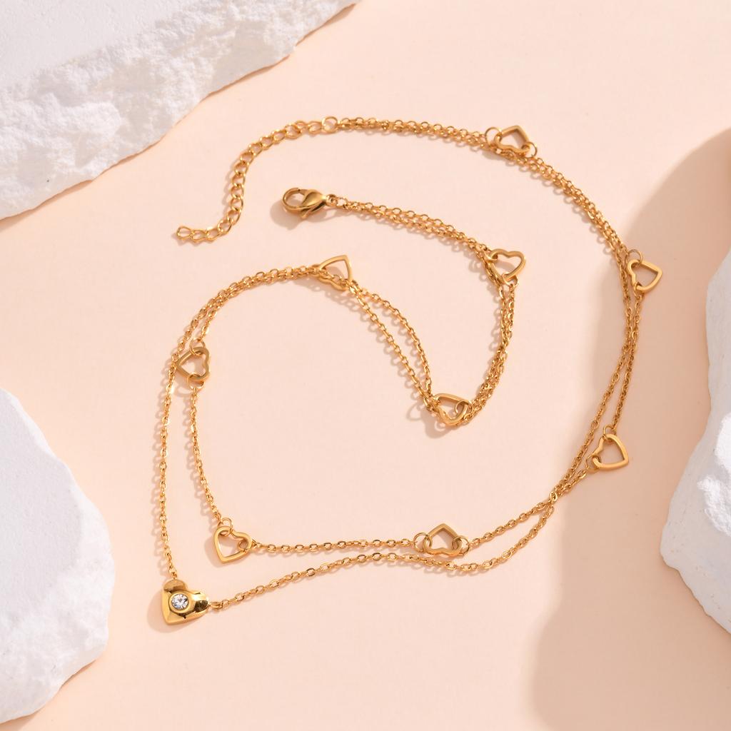Stainless Steel Flat Cross Chain Zircon Heart Double Layer Necklace,Personalized Stacking Design Necklace,Valentine's Day Gift