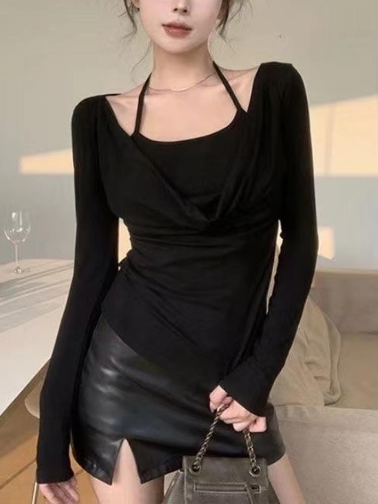 Herbst Französische Mode Retro Sexy Oberteile Damen Elegant Schlank Fake Zweiteiler T-Shirt Streetwear Neues Design Schick Hübsche Kleidung 2026