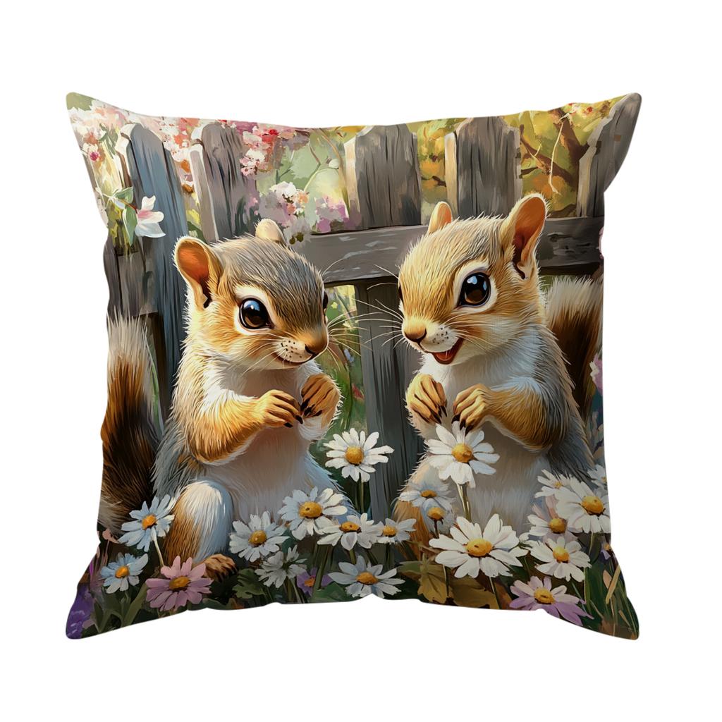 Squirrel Flowers Cushion Pillowcase Printed Polyester 45X45Cm Throw Pillowcover Decorative Sofa Cushion Pillowslip Home Decor