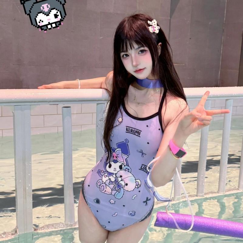 

Japanese Triangular One-piece Swimsuit Women Kuromi Cute Cartoon Slimming Racing Professional Training Without Water M