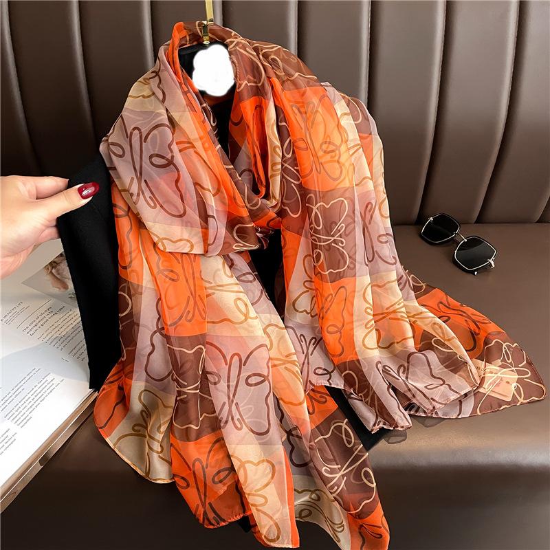 Plaid butterfly silk scarf commuter large shawl soft yarn scarf simulation silk pattern scarf women's large size sun protection light luxury